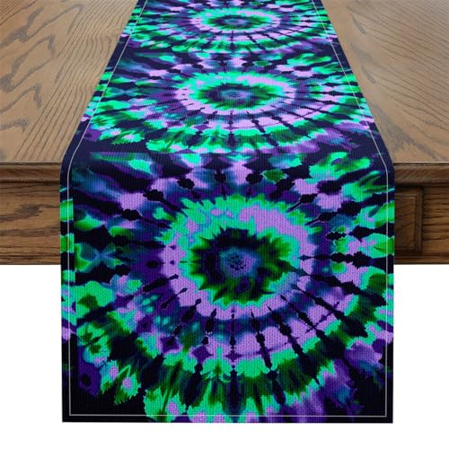 jejeloiu Tie Dye Table Runner Boho Hippie Trippy Tie Dyed Home Decor for Living Room Dresser Scarfs Green Purple Kitchen Dining Decoration for Home Party 72x13...