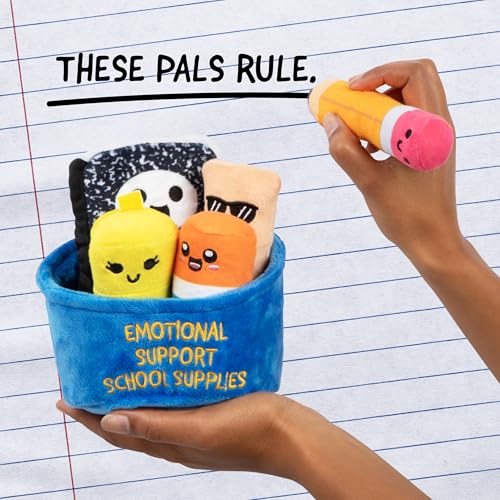 Image of Emotional Support School Supplies Plush by Relatable, Cute Stuffed Animals and Squishy Toys, Includes 5 School Supply Plushies with Carrying Basket, Fun Graduation Gifts & Cute Stuff