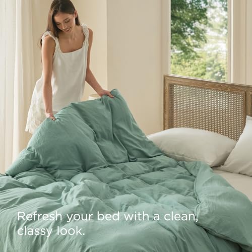 Image of Bedsure Prewashed Sage Green Duvet Cover Queen Only, Cotton-Like Feel | 1 Duvet Cover Only, No Pillow Shams, Ultra Soft, Relaxed Texture, Zipper Closure, 8 Corner Ties, Year-Round, Easy Care