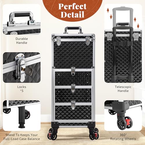 Image of Rolling Makeup Train Case with Drawers Cosmetology Case on Wheels | 4 in 1 Large Cosmetic Organizer for Hairstylist,Makeup Artist Nail Trolley Cart Salon Storage Traveling Cart Trunk