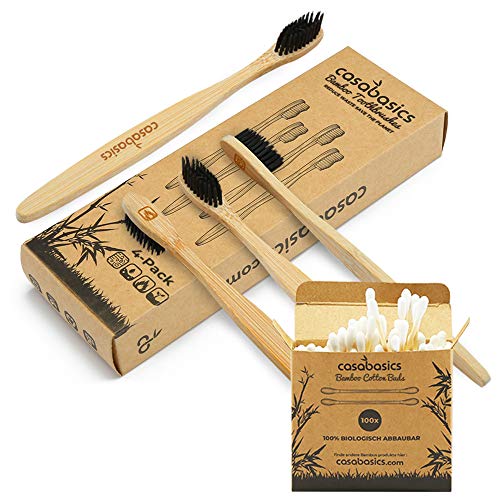 CasaBasics Organic Bamboo Toothbrushes | 4 Pack with Free Bamboo Cotton Buds | Natural Wooden Toothbrush | Unique Bristle Shape, Medium Firm | Biodegradable Eco Friendly Vegan