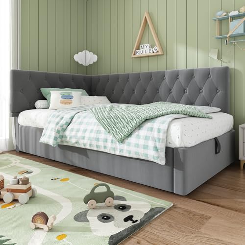 Easexcy Polsterbett Tagesbett Daybett, 90x200cm, Schlafsofa mit hydraulischem Stauraum, Kinderbett Jugendbett Bettgestell mit Lattenrost aus Holz, Samt (Grau)