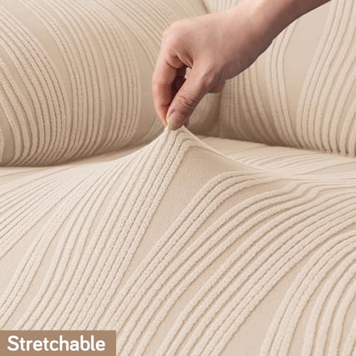 Image of HOKIPO 200 GSM Premium Knitting Jacquard Fully Covered Stretchable Sofa Cover for 1 Seater, 'Nestiva Series' Skimmed Cream (NEW2-AR-5307-CRM)