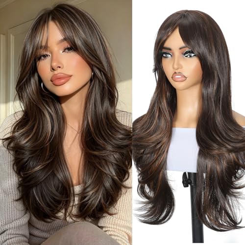 Dark Brown Long Layered Wavy Wig with Curtain Bangs 26 Inch, Real...
