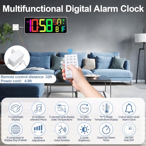 Image of Large Digital Wall Clock Timer 13.5 inch Large Display Available In 11 Color Modes LED Wall Clock with Temperature Day of the Week Clock Auto-Dimming for Home Gym Office 2 Groups Alarm 25 Music Ringtones