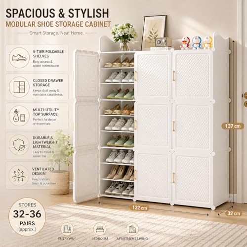 Image of Mevigo Plastic Shoe Rack for Home with Door | 27-Tier Stackable Shoe Organizer | Holds 54 Pairs | Waterproof & Dustproof | DIY Modular Shoe Cabinet | Chappal Slipper Stand for Bedroom, Entryway
