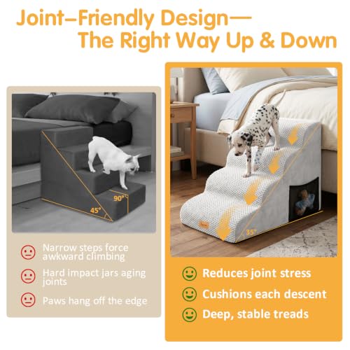 Image of Topmart High Density Foam Dog Steps 4 Tiers, Extra Wide Deep Pet Steps | Non-Slip Dog Stairs Ramp for Bed, Soft Foam Cat Ladder, Best for Older Injured, Older Pets, Cats with Joint Pain