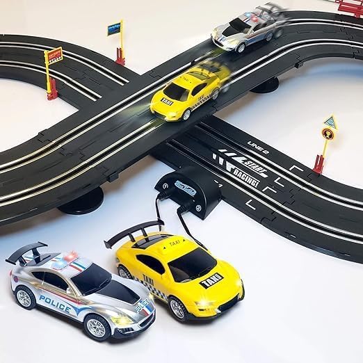 EXOMOON Electric High-Speed Slot Car Race Track Sets,1:43 Scale Dual Race Track with 2 Slot Cars and 2 Hand Controllers,Race Track for 6 7 8 9 10 11 12 Boys Girls 3