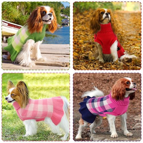 Image of Dog Sweater Dress Plaid Knitwear for Small Medium Dogs Warm Puppy Pet Turtleneck Stretch Pullover Cute Fall Winter Vest Clothes with Leash Hole for Christmas (Navy, XS)