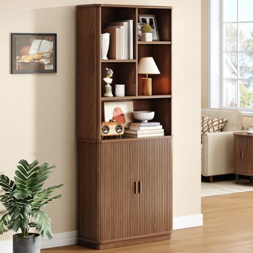 ONBRILL 71' Tall Cube Bookcase, Curved Bookshelf with Storage Cabinet & Adjustable Storage Shelf, Freestanding Wood Bookcase with Sliding Door & Sturdy Pedestal, for Home Office, Living Room, Walnut