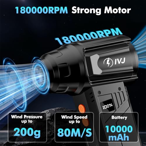 Image of IVJ Compressed Air Duster, 180000RPM Super Power Cordless Electric Air Duster with LED Light Rechargeable 4 Gear Adjustable Mini Air Duster, Dust Blower for Computer, Keyboard, House, Outdoor and Car