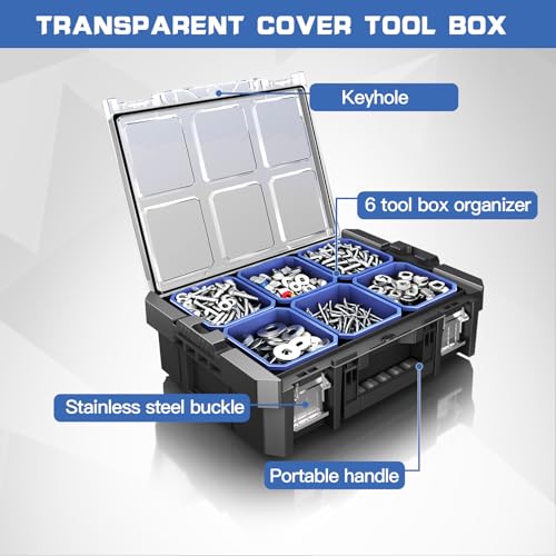 Image of 18 Inch Clear Lid Tool Box | AIRAJ Stackable Modular Tool Organizer Box Storage System | Garage Storage | Home Repair | Professional Use | (SC1-F)