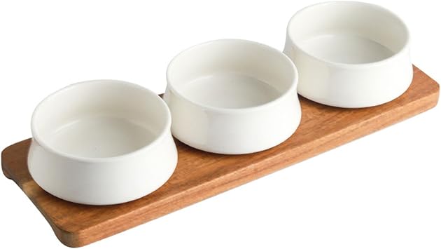 Dxcaicc 3 Packs Ceramic Chips and Dip Serving Platter with Wooden Tray, Mini Dipping Serving Saucers Bowls,Dipping Dishes for Condiments,Side Dishes,Dessert, Salsa,White
