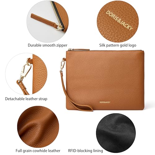 Image of DORIS&JACKY Women Leather Clutch Purse and Phone Wallet with Wristlet Strap | Soft Designer Evening Party Bag, Thin Slim RFID Blocking Cellphone Pouch Case, Formal Casual Handheld Premium Little Purse