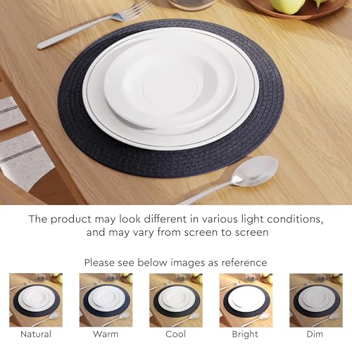 Image of Dining Table Mats Set of 4 | Cotton Table Mat 32 cm Diameter, Encasa XO Washable Round Table Mats, Heat Resistance Dining Table Placemats, Handmade Ribbed Style for Centre Table, Dark Blue