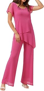 Conjunto de dos piezas de gasa para mujer, color rosa asimétrico, pantalones anchos fluidos, elegantes combinaciones para salir, conjuntos aireados de verano para fiestas de verano