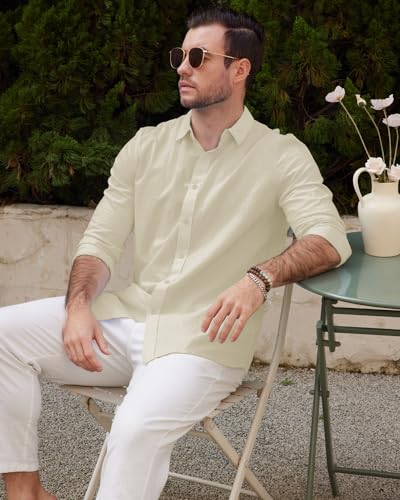 Friptspyg Leinenhemd Herren Hemd Langarm Baumwolle Leinen Hemden Button-Down Freizeithemden Casual Regular Fit Sommerhemd, Beige XL 3