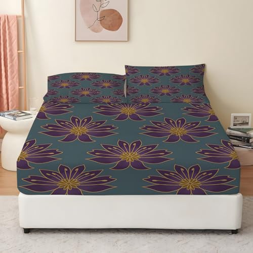 Spanbettlaken 140x200 Blumen Spannbetttuch Lotusblumen Bettlaken Boxspringbett mit Gummizug Spannbettuch Mikrofaser für Matratzen von 30 cm Mit 2 Kissenbezüge 80x80 cm