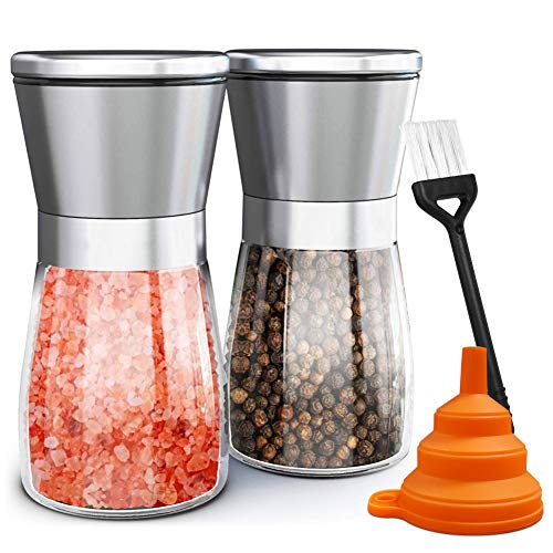 Salt and Pepper Grinder Set of 2, Adjustable Ceramic & Stainless Steel Mill Set, Glass Body Refillable Mill Shakers - Easy Clean Grinders with Silicon Funnel and Cleaning Brush