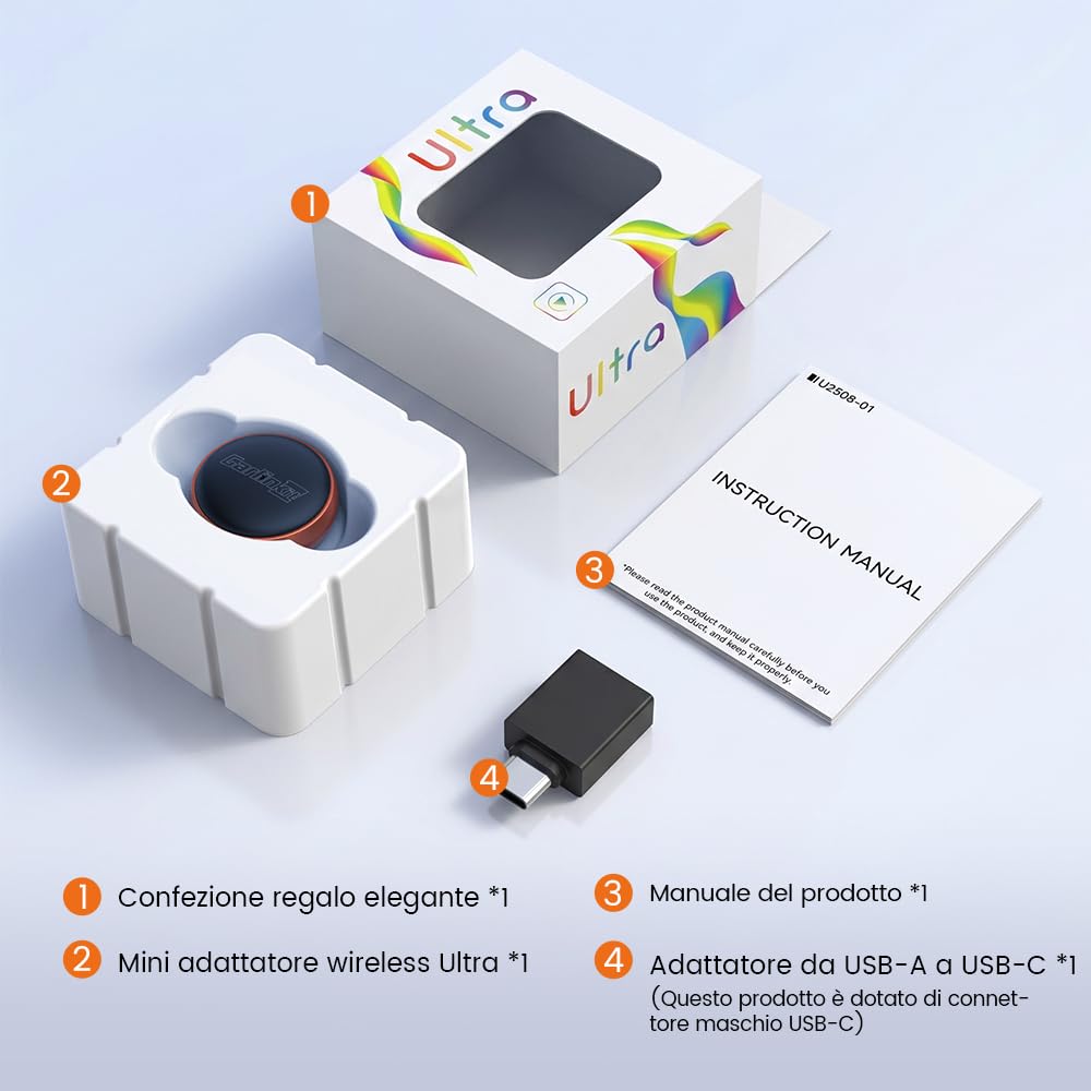 Carlinkit Mini Ultra 3 Adattatore Wireless CarPlay e Android Auto, Converte OEM Cablato in Wireless, Plug & Play USB A/C, Connessione Automatica, Aggiornamento OTA, Arancione