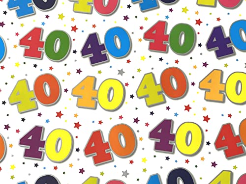 40th Birthday Wrapping Paper 2 Sheets and 1 Matching Tag (White)