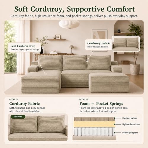 Image of Boneless Couch, Modular Sectional Couches for Living Room, U-Shaped Cloud Couch Sofa with Deep Seat, Fluffy Corduroy Upholstered Corner Sofa