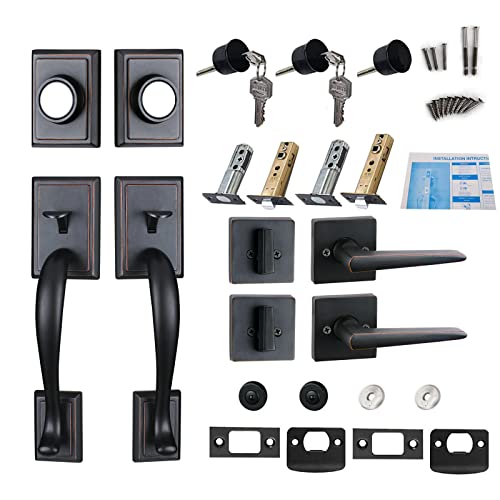 Hisafe Front Door Handle Double Door Handle Set With 2 Keyed-Alike Single Cylinder Deadbolt & Lever, Solid Exterior Door Handle, Oil Rubbed Bronze Finish, Reversible,X-201310B-Set #TOP5