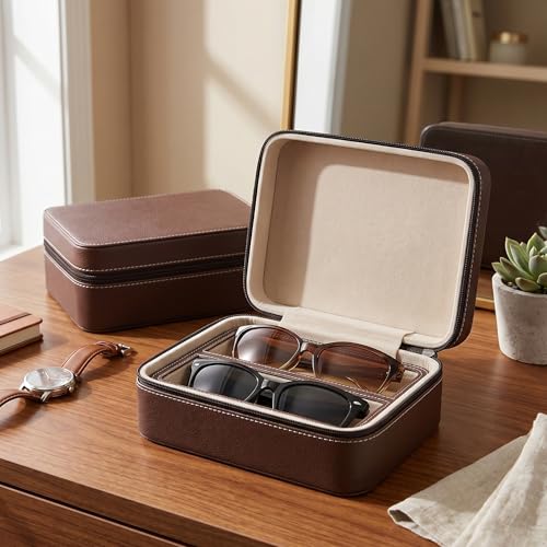 Image of ROSELLE Eyewear Travel Case for women men, Luxury leather 2 /3-Slot Eyeglasses Storage Box for Multiple Glasses and Sunglasses