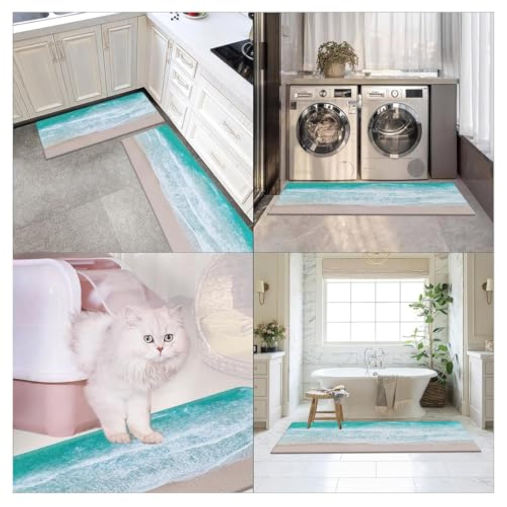 Summer Beach Kitchen Rug Set of 2, Blue Teal