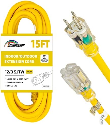 HONDERSON 15FT 12/3 Lighted Outdoor Extension Cord - 12 Gauge 3 Prong SJTW Heavy Duty Yellow Extension Cable with 3 Prong Grounded Plug for Safety,UL Listed