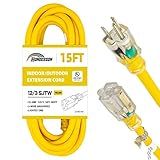 HONDERSON 15FT 12/3 Lighted Outdoor Extension Cord - 12 Gauge SJTW Heavy Duty Yellow Extension Cable with 3 Prong Grounded Plug for Safety,UL Listed