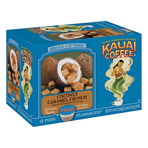 Kauai Coffee Pods Compatible with K-Cup Pods for Keurig Brewers – 20% Hawaiian Arabica – Medium Roast, Rich, Smooth, No Bitterness – Coconut Caramel Crunch, 1 Pack of 12 Single Serve Cups