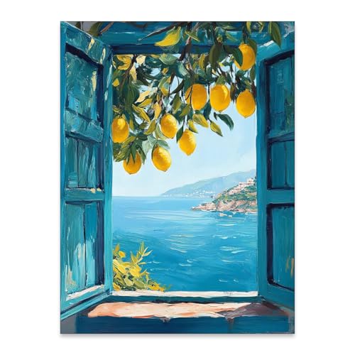 Mediterranean Window View Wall Art Coastal Lemon Tree Canvas Prints Blue Seascape Posters Modern...