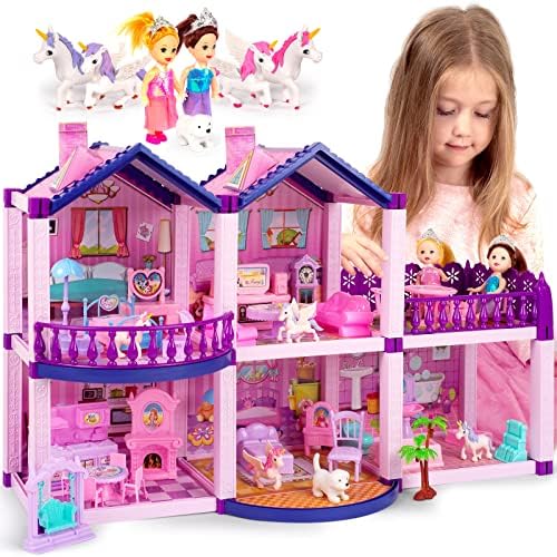 TOMLEON Dollhouse w/ Princesses, 4 Unicorns and Dog Dolls - Pink / Purple Dream House Toy for Little Girls - 4 Rooms w/ Garden, Furniture and Accessories - Girls Ages 3 - 6 (4 Princesses)