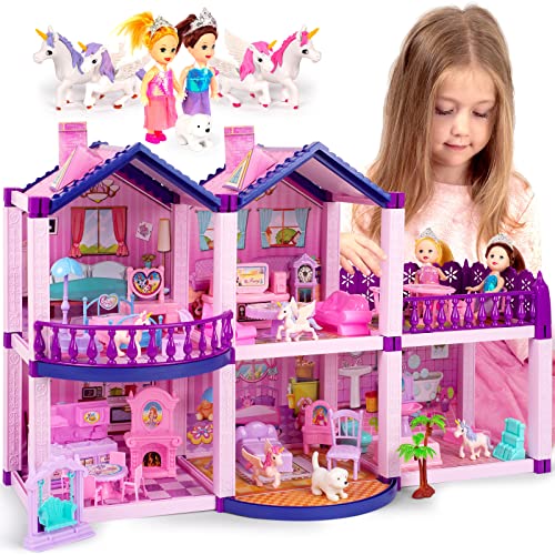Tomleon Dollhouse W/ Princesses, 4 Unicorns And Dog Dolls - Pink / Purple Dream House Toy For Little Girls - 4 Rooms W/ Garden, Furniture And Accessories - Girls Ages 3 - 6 (4 Princesses) #TOP2