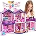 TOMLEON Dollhouse w/ Princesses, 4 Unicorns and Dog Dolls - Pink / Purple Dream House Toy for Little Girls - 4 Rooms w/ Garden, Furniture and Accessories - Girls Ages 3 - 6 (4 Princesses)