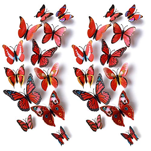24pcs 3D Vivid Special Man-Made Lively Butterfly Wall Stickers Removable Butterflies Wall Decals 3D Nursery Art Decor for Kids Girls Bedroom Living Room Classroom Party Decoration Red
