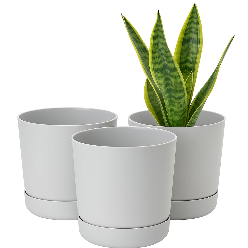 Home Garden Ornaments Grey Plant Pots Indoor – Set Of 3 Plastic Outdoor Planters With Drainage Holes And Saucer, Classy Decorative Flower Pots (15Cm / 6Inch – )