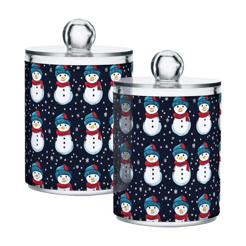 GAIREG Muñecos de nieve de dibujos animados con bufandas rojas, paquete de 2 tarros de almacenamiento de plástico para bola de algodón, hisopo de algodón, púas de hilo dental, pinzas para el pelo