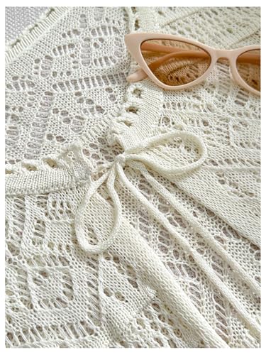 MakeMeChic Women's Crochet Tie Front Cardigan 3/4 Sleeve Lightweight Crop Sweater3