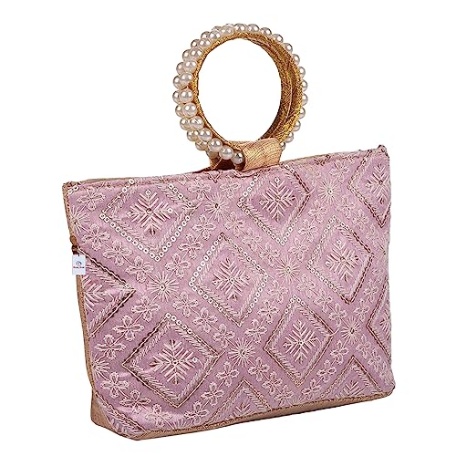 Image of Heart Home Clutch Bag | Zig Zag Chicken Silk Embroidery | Moti Churi Handle | Hand Purse for Woman | Party Bags for Woman | Wedding Clutch Purse | Purple
