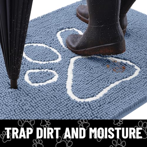 Image of Smiry Dog Door Mat for Muddy Paws, Absorbent Dirt Trapper Non Slip Quick Dry Washable Chenille Mat for Mud Dogs, Entry Rug for Indoor and Outdoor (47x32 Inches, Airy Blue and White)