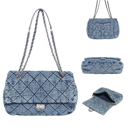 Quilted Denim Tote Bag for Women, Large Capacity Vintage College Style Shoulder Bag Denim Purse, Chain Crossbody Bag