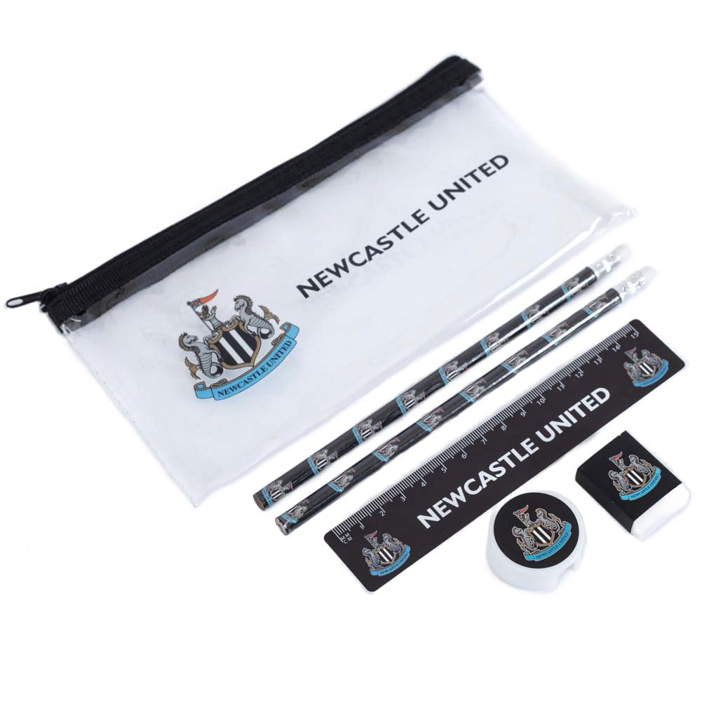 Newcastle United FC 6pc Stationery Set, Clear Pencil Case, 2 Pencils, Rubber, Sharpener, 15cm Ruler