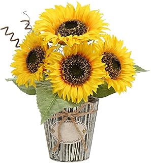 Artificial Sunflowers Decorations Fake Flowers in Pot, Silk Sunflowers Potted Faux Sunflowers Plant, Yellow Flowers Indoors for Craft, Home, Kitchen, Office, Table, Desk