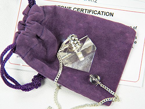 Fundamental Rockhound Products: Crystal Quartz Pyramid Pendulum natural gemstone crystal with carrying pouch, info card, stone certification