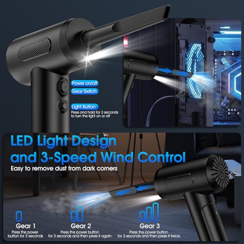 Compressed Air Duster, 100000RPM Handheld Car Vacuum/Air Blower& Pump, 3 Gear Adjustable Electric Air Duster/Car Vacuum Cleaner, Keyboard Duster with LED Light-10 Kits Air Blower for Computer