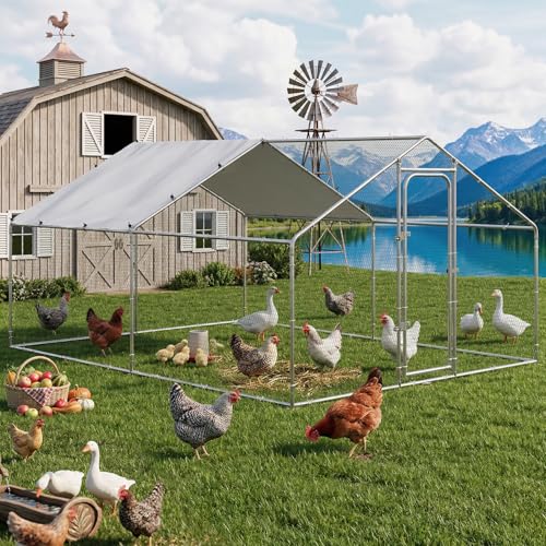 Image of LEMBERI Metal Chicken Runs for Yard, Spire-roof Large Walk in Chicken coop cage for Outside,Galvanized Rabbits Duck Run and coops,Chicken Pen with Waterproof Cover for Outdoor,Backyard and Farm