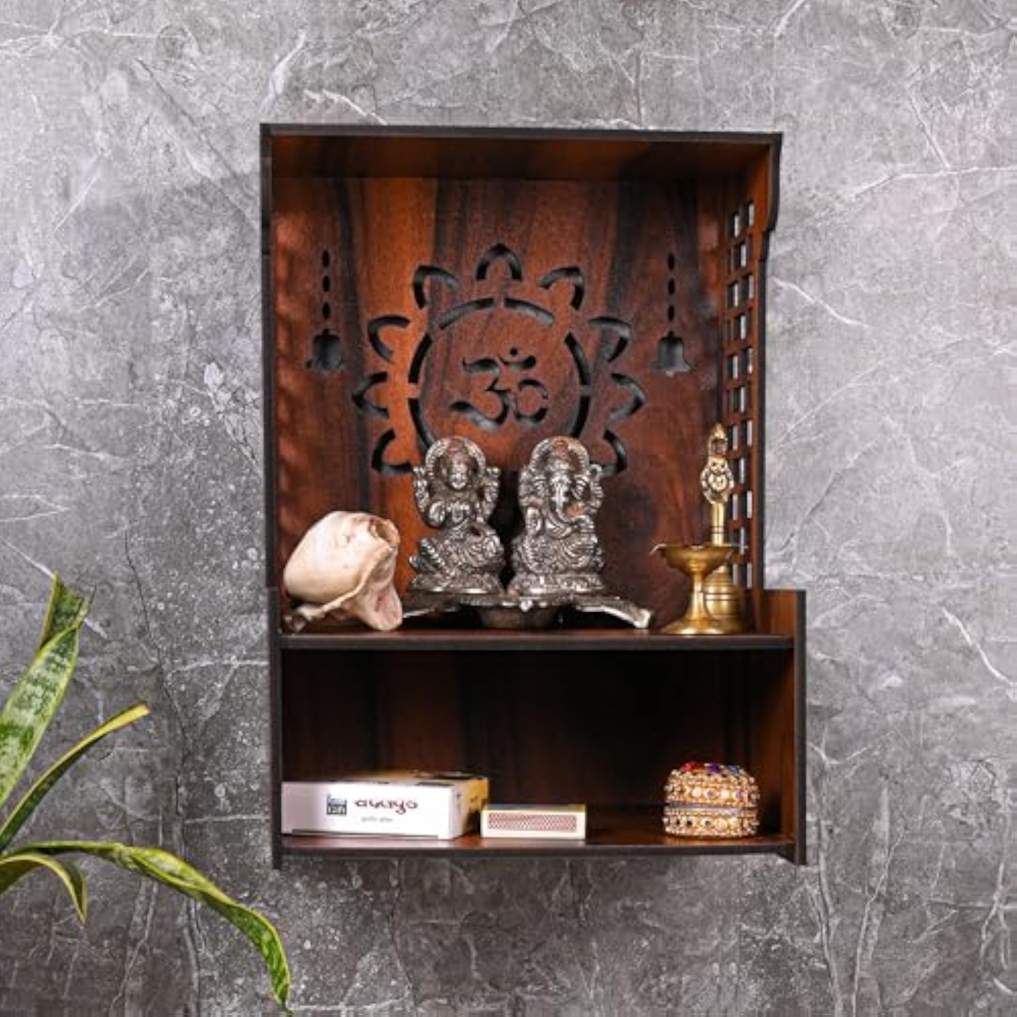 Hand Crafted OM Pattern Wooden Mandir for Home & Office