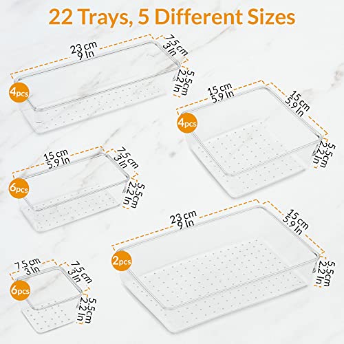 Edenhaus 22Pcs Clear Plastic Drawer Organizer Set, 5 Sizes Versatile Storage Bins For Makeup, Jewelry, Vanity, Bathroom, Bedroom, Office Organizer Bins, Kitchen Utensil Acrylic Drawer Organizers #TOP1